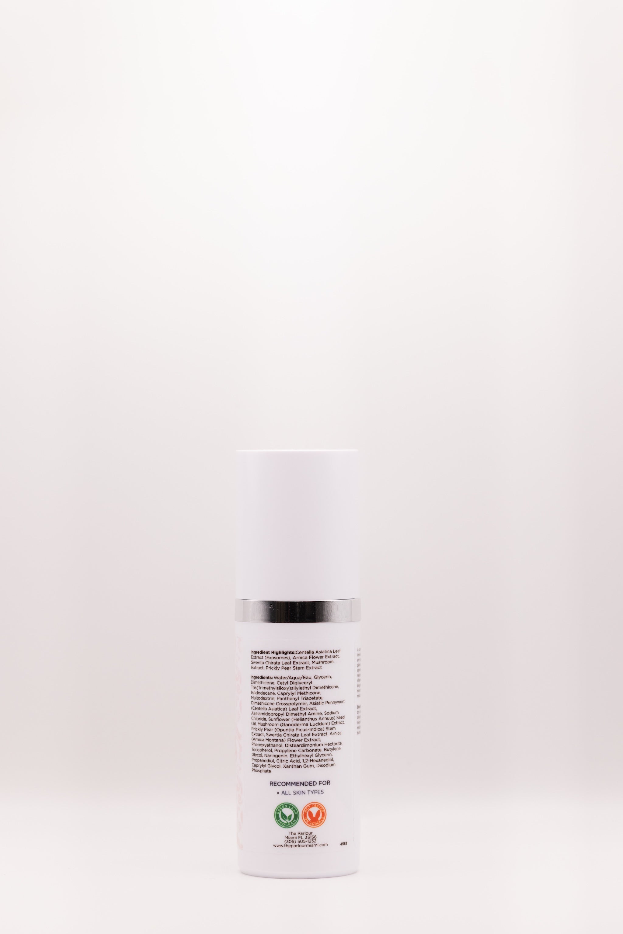 Ingredient list on Barrier Boost Exosome Renewal Serum by The Parlour featuring Cica Exosomes, Centella Asiatica, and soothing barrier-supporting ingredients for sensitive skin