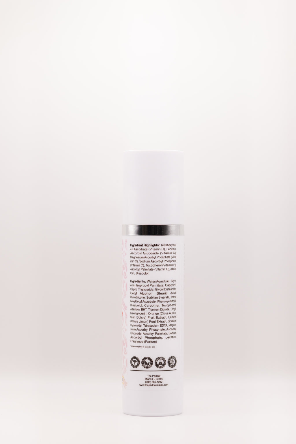 Ingredient list on Bright Burst Supercharged C Cream by The Parlour featuring stabilized Vitamin C complex, Vitamin E, Allantoin, and Bisabolol for brightening and antioxidant support