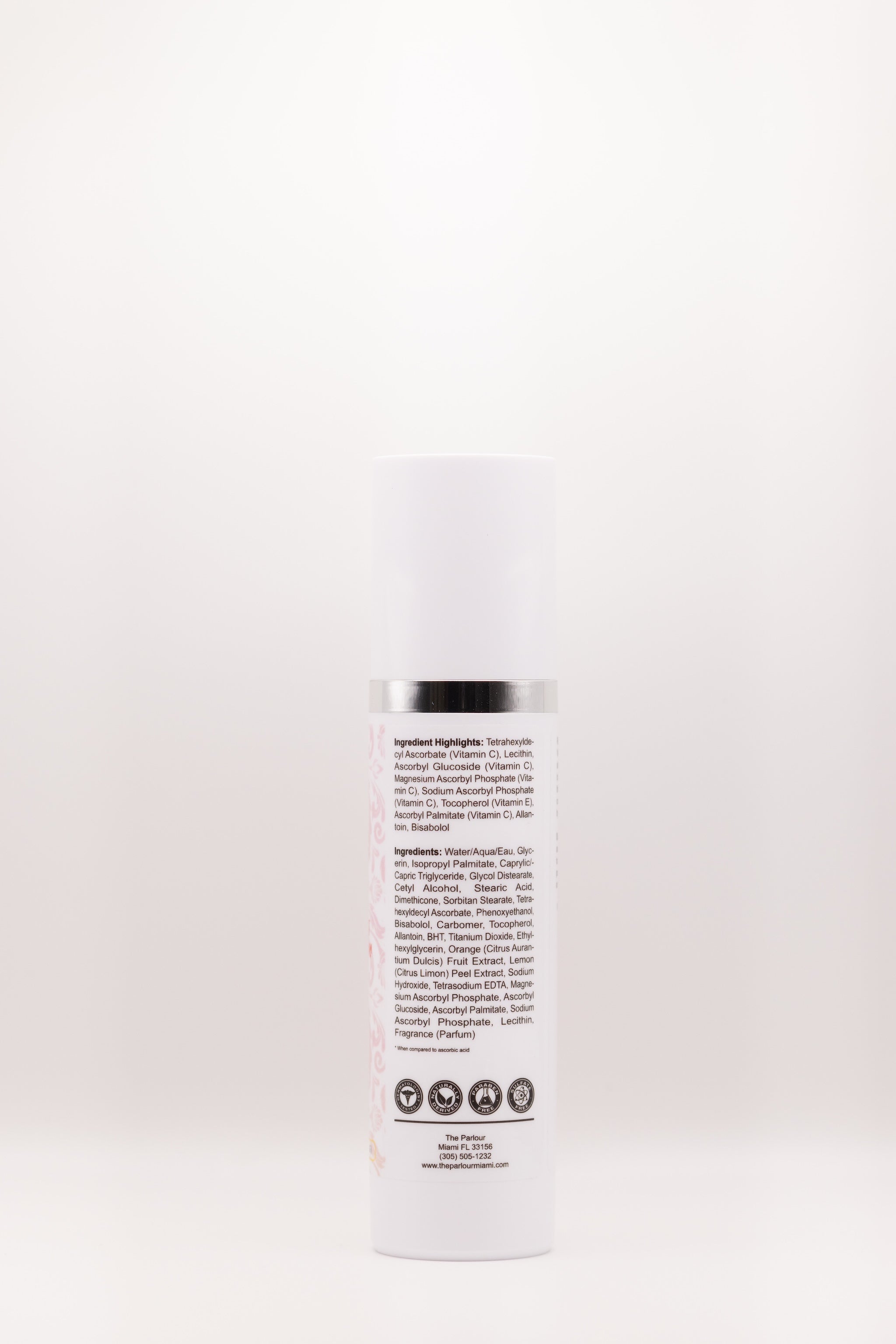 Ingredient list on Bright Burst Supercharged C Cream by The Parlour featuring stabilized Vitamin C complex, Vitamin E, Allantoin, and Bisabolol for brightening and antioxidant support
