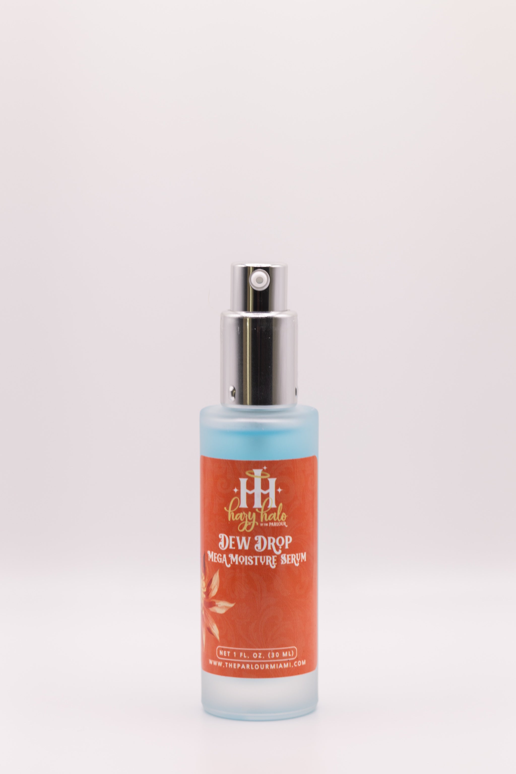 Dew Drop Mega Moisture Serum by The Parlour with cap removed showing exposed pump applicator for lightweight hydration and skin-plumping moisture support