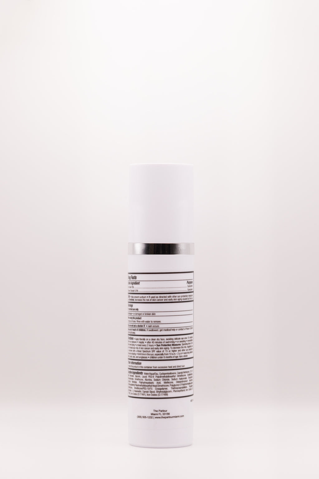 Back label of Glow Guard Tinted Hydrating SPF 44 by The Parlour featuring ingredient list including zinc oxide, titanium dioxide, and iron oxides for broad-spectrum sun protection and skin tone support