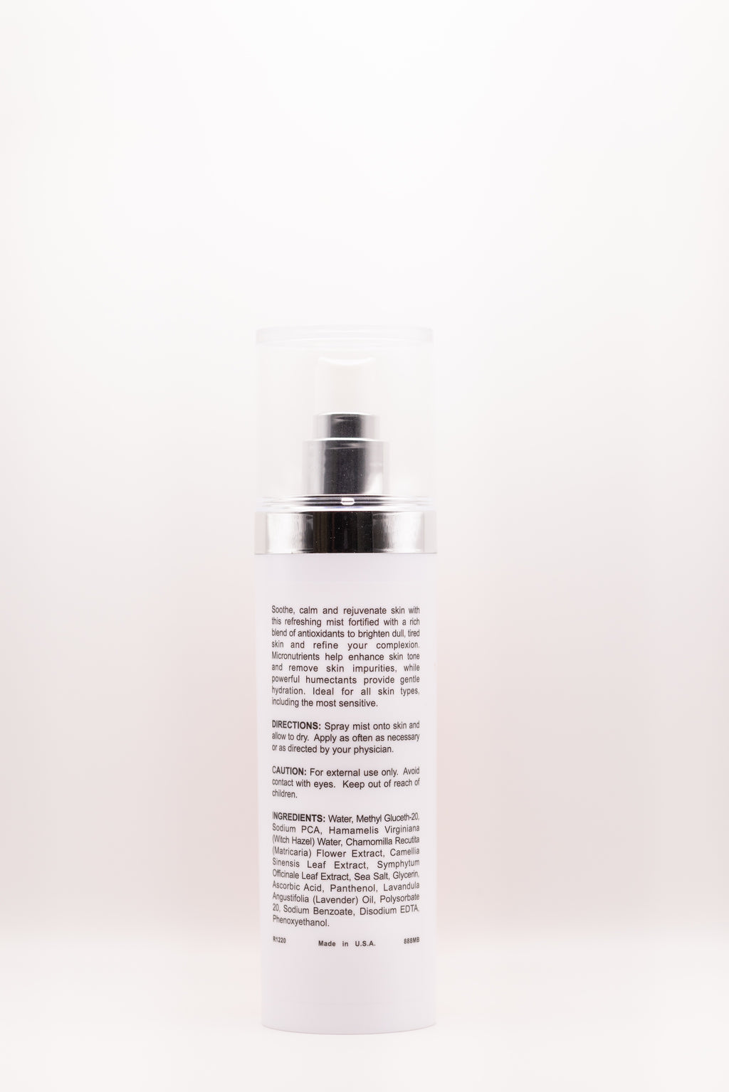 Back label of Mist Opportunity Soothing Antioxidant Toning Spray by The Parlour featuring directions and ingredients for antioxidant protection, lightweight hydration, and soothing sensitive skin