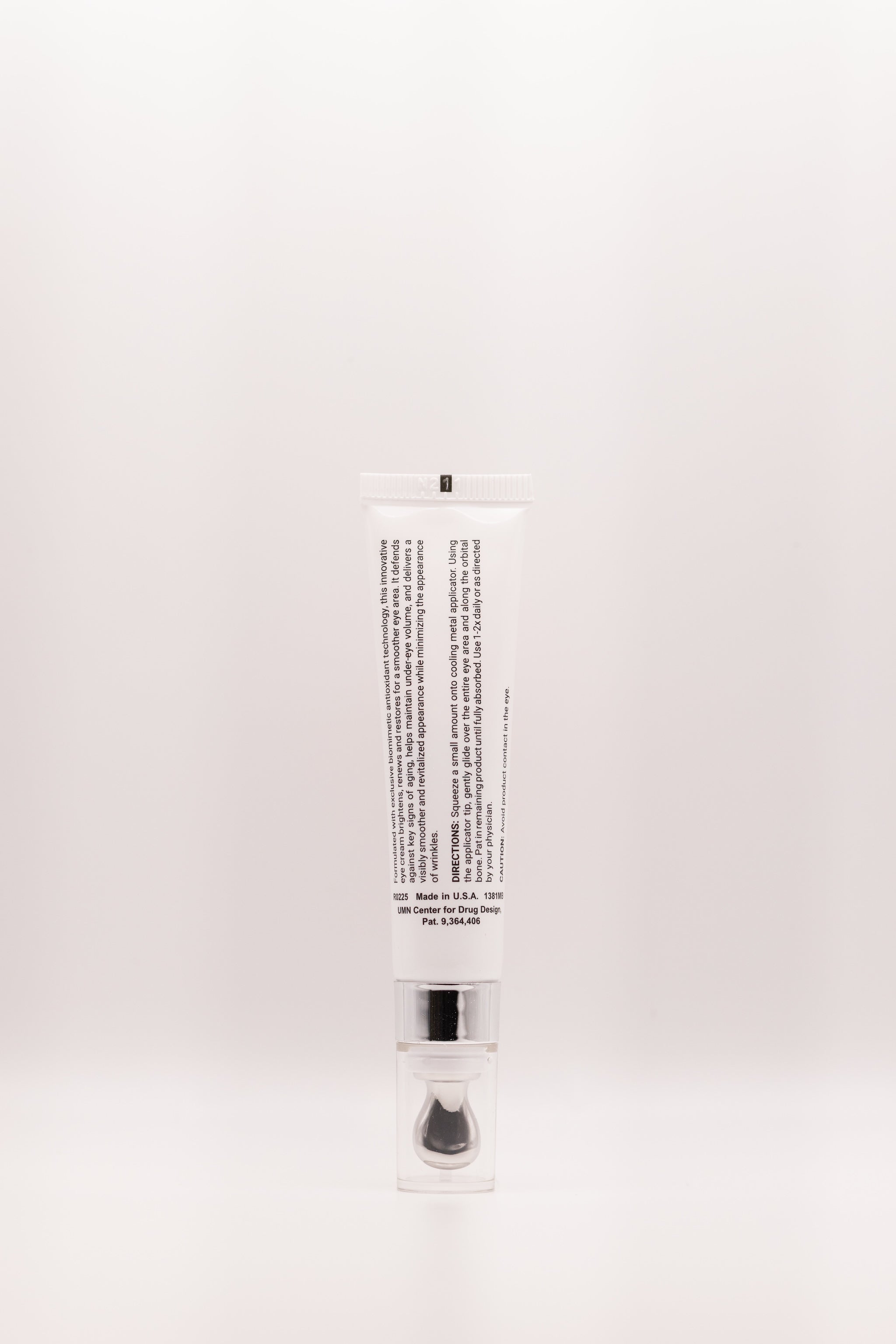 Back label of Peppy Peepers Brightening Eye Cream by The Parlour featuring directions for use for puffiness, dark circles, hydration, and smoothing the delicate eye area