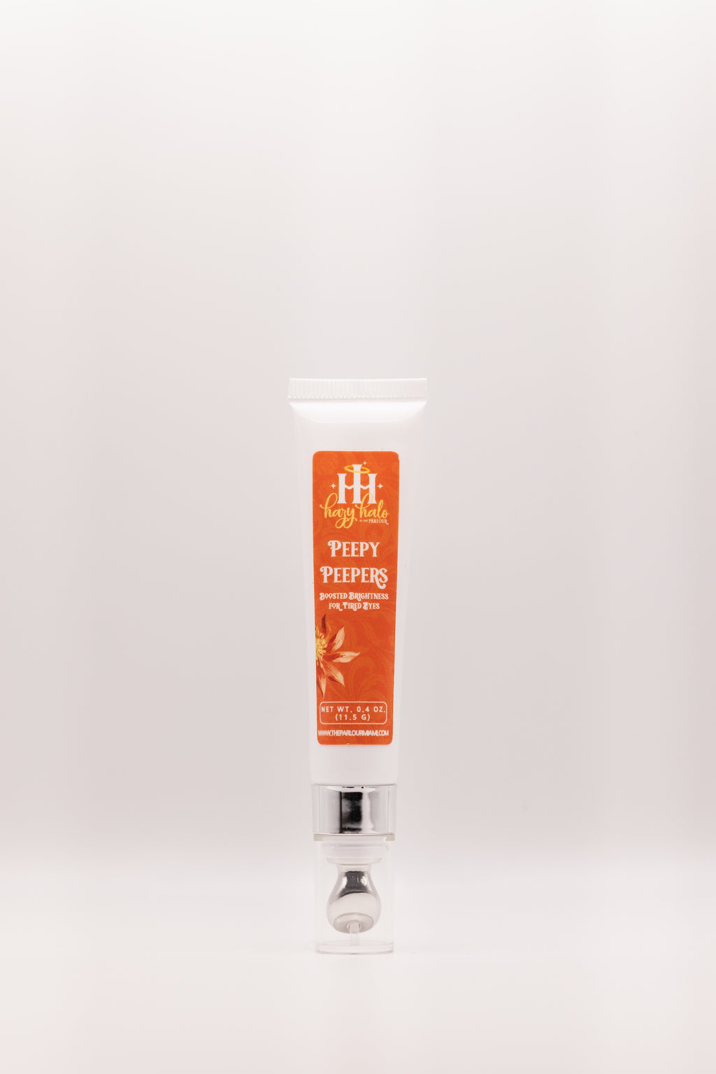 Peppy Peepers Brightening Eye Cream by The Parlour featuring a cooling metal applicator tip for reducing puffiness, hydrating under eyes, and improving dark circles and fine lines