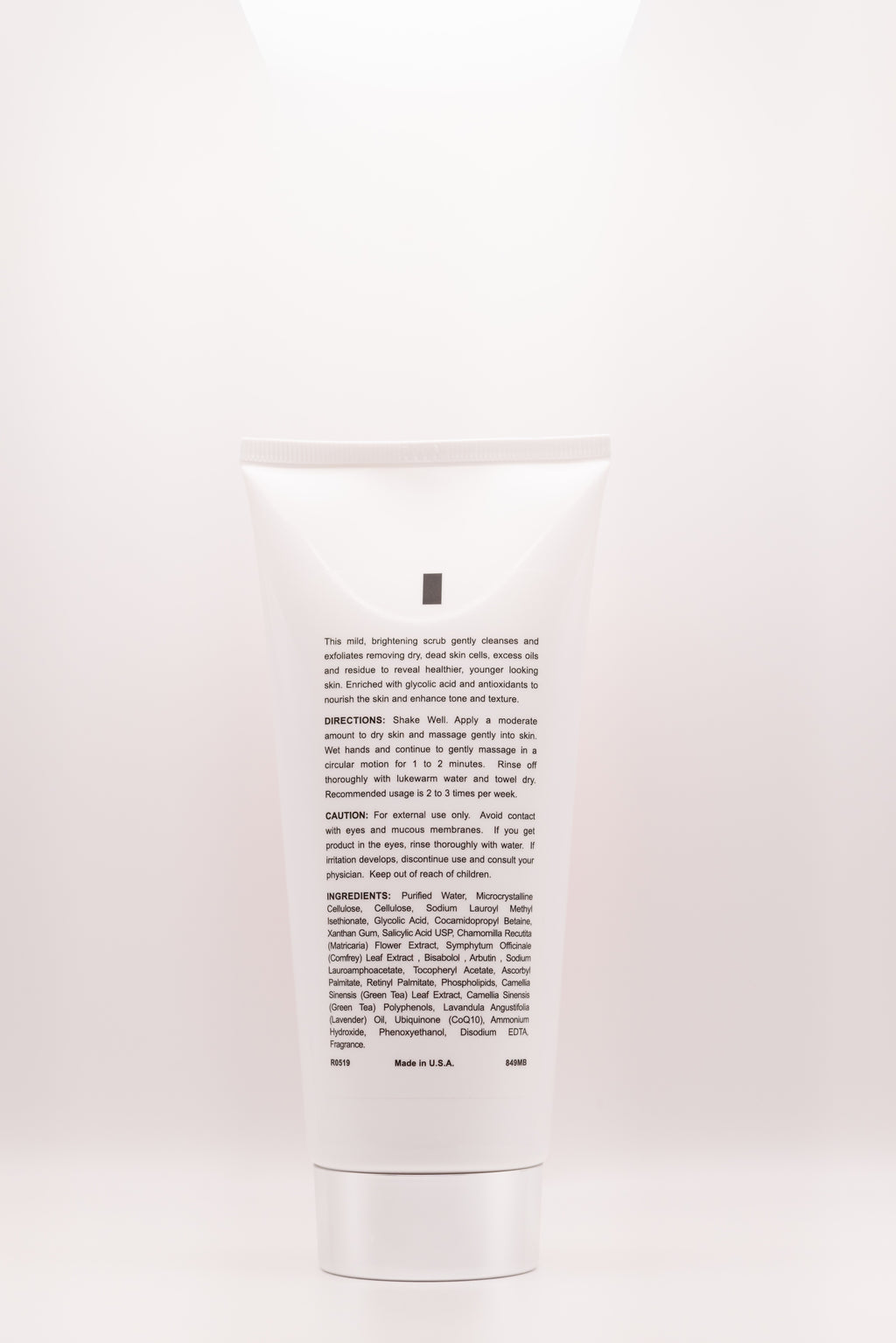 Back label of Rub-A-Dub Scrub exfoliating cleanser by The Parlour Miami with glycolic and salicylic acid, showing ingredients and directions for smoothing texture and refining pores