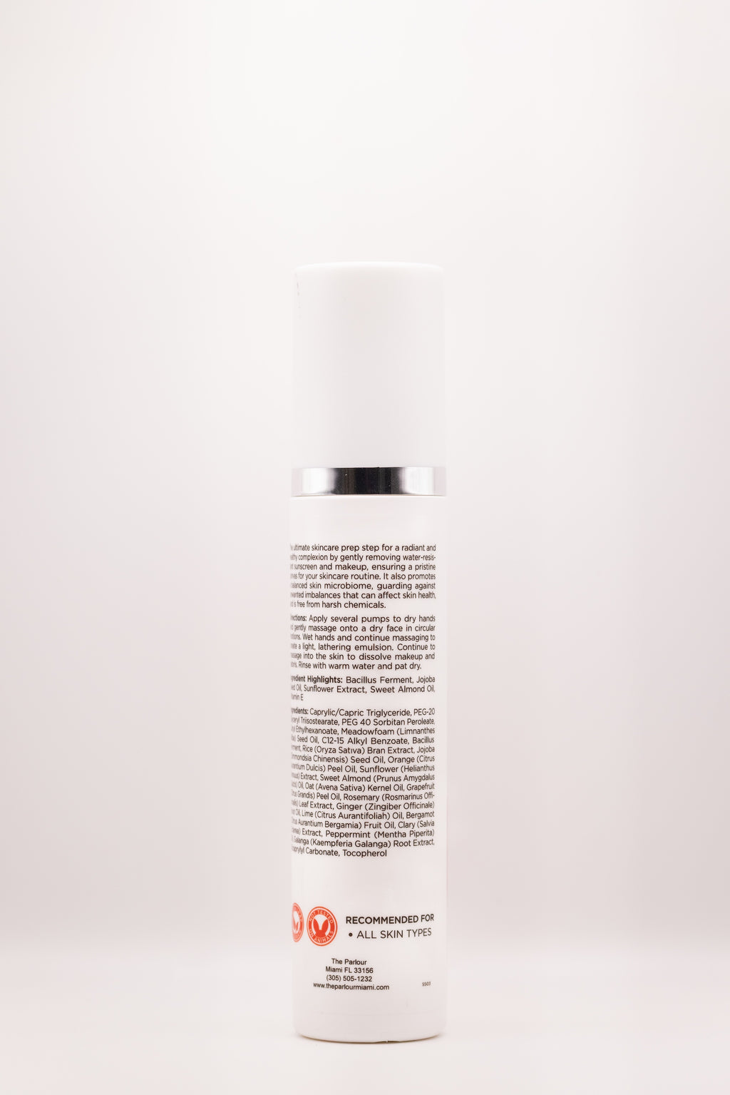 Back label of Smart Start pre-cleanse oil by The Parlour featuring ingredients and directions for double cleansing, makeup removal, and barrier-friendly cleansing