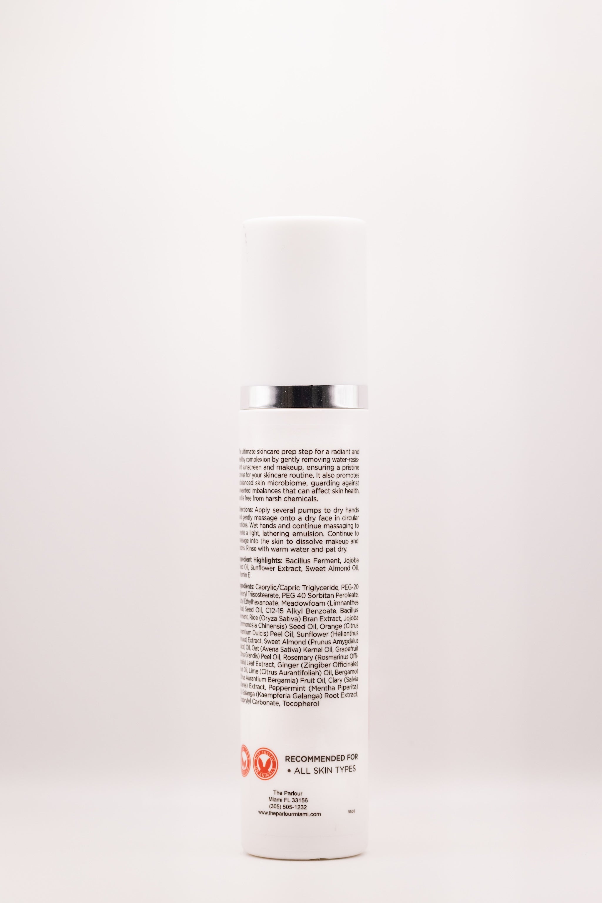 Back label of Smart Start pre-cleanse oil by The Parlour featuring ingredients and directions for double cleansing, makeup removal, and barrier-friendly cleansing