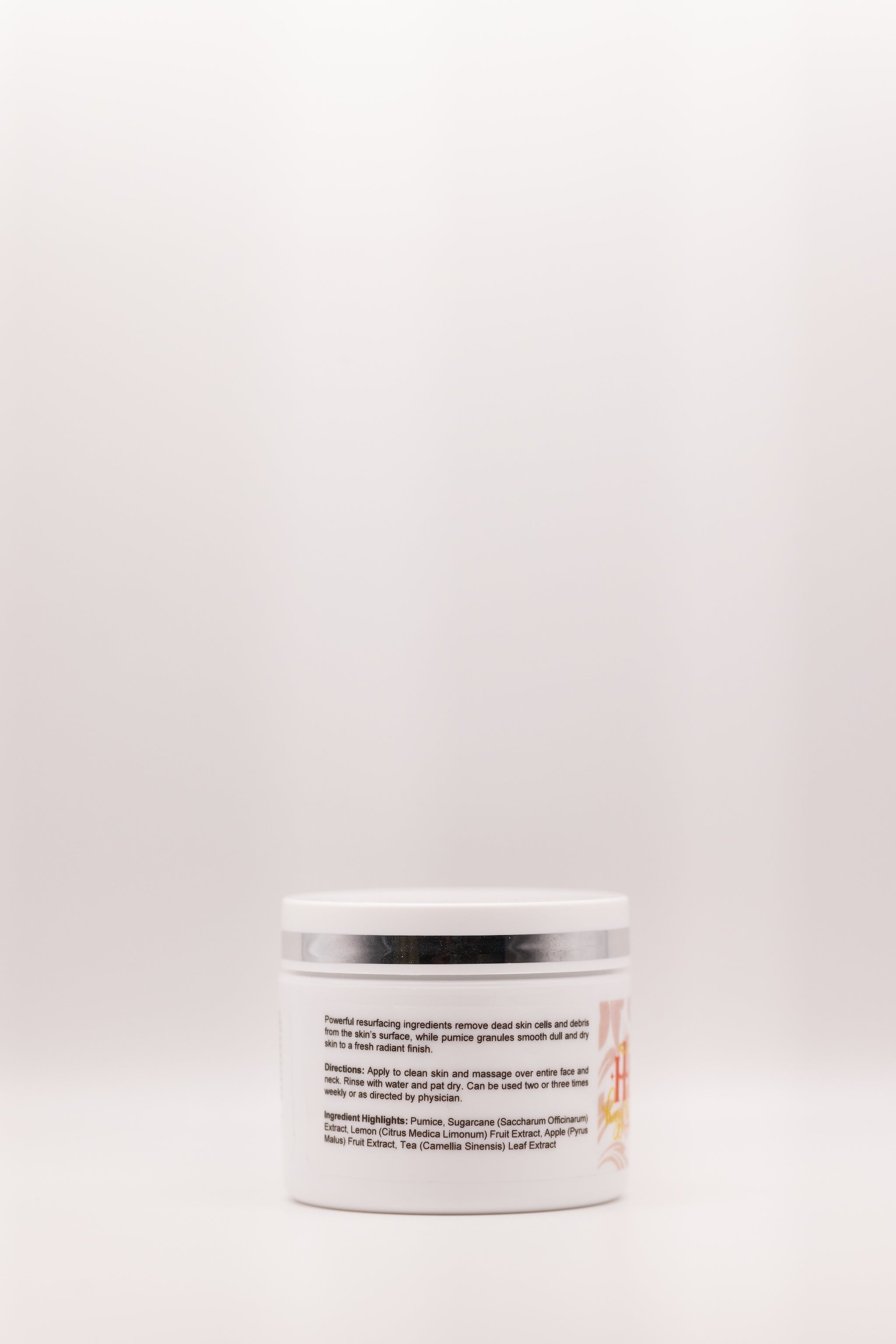 Back label of Smoothie Scrub exfoliating cleanser by The Parlour Miami showing directions for hydrating, brightening, and smoothing dull skin texture