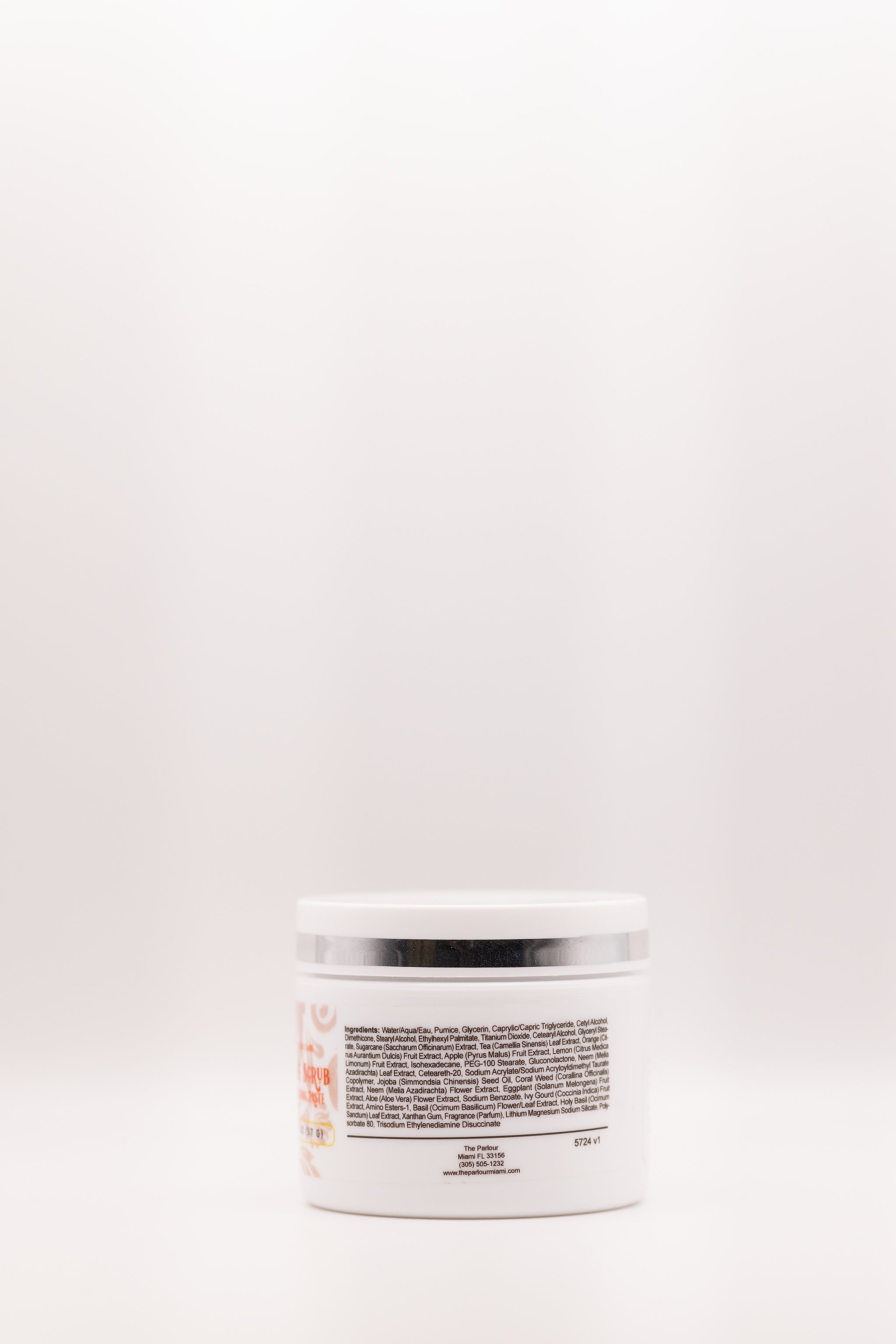 Ingredients list of Smoothie Scrub exfoliating cleanser by The Parlour Miami for hydrating, brightening, and smoothing dull skin texture