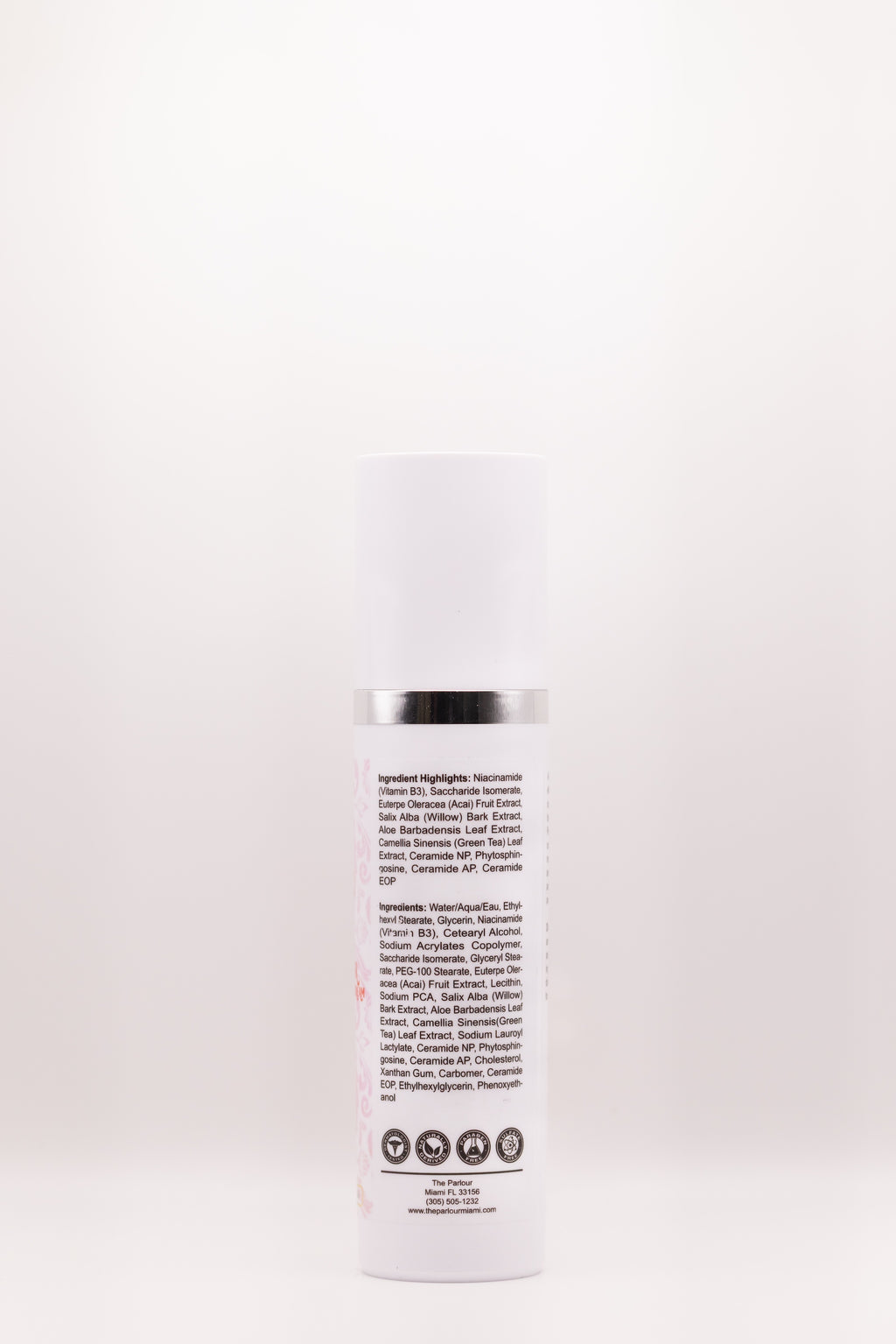 Back label of T-Zone Tamer Weightless Hydration Cream by The Parlour featuring ingredients including niacinamide, ceramides, and lightweight hydrators for oily and blemish-prone skin