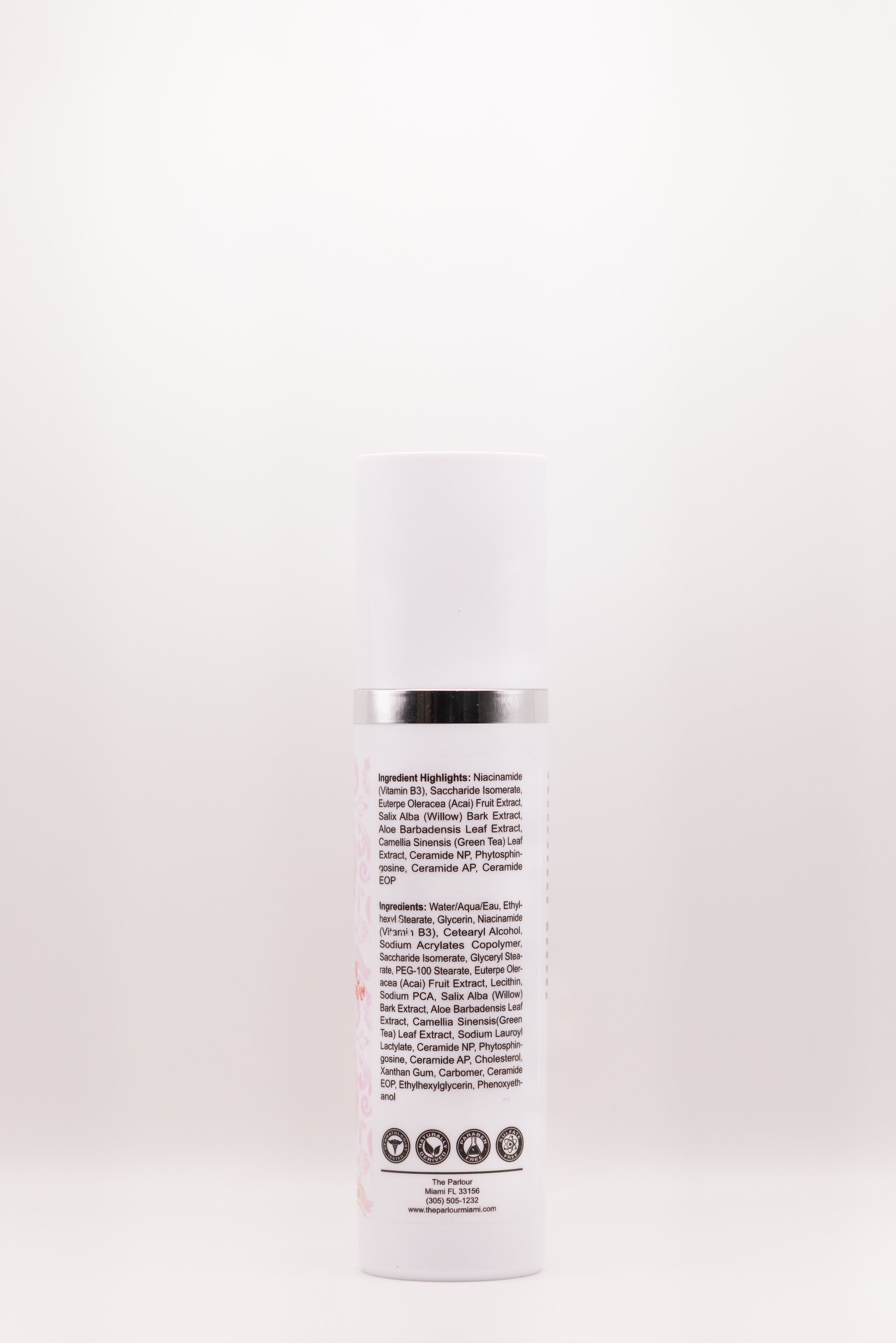 Back label of T-Zone Tamer Weightless Hydration Cream by The Parlour featuring ingredients including niacinamide, ceramides, and lightweight hydrators for oily and blemish-prone skin