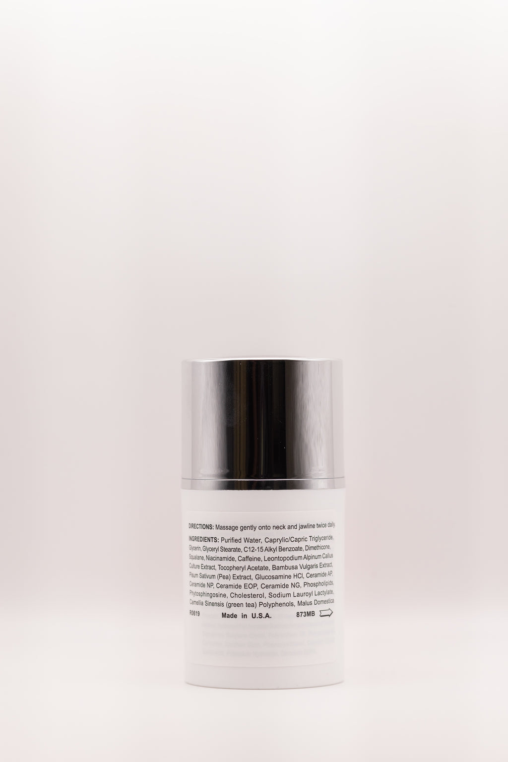 Back label of Tightly Taut Peptide-Powered Neck Lift by The Parlour featuring directions for use and ingredients including peptides, niacinamide, and caffeine for tightening and smoothing the neck area