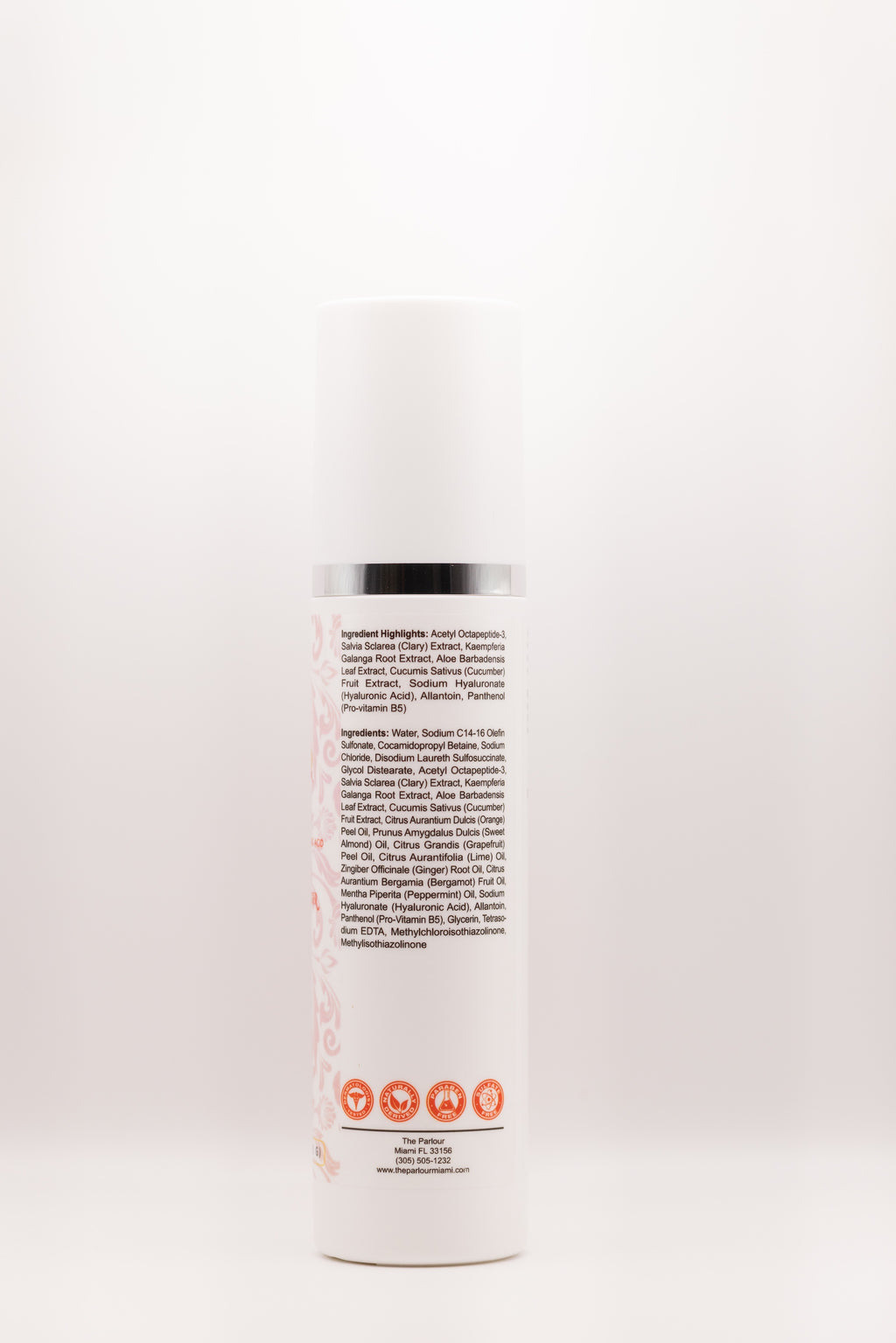 Back label of Zesty Zen gentle hydrating facial cleanser by The Parlour Miami with ingredient list for sensitive, dry, and barrier-friendly cleansing